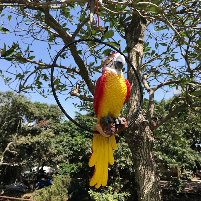 Hanging Parrot Statue Sculpture On Metal Round Ring Decor for Patio Garden Lawn and Nature Lovers Tropical Bird Collectors by Gifts, 10 inches Long Yellow
