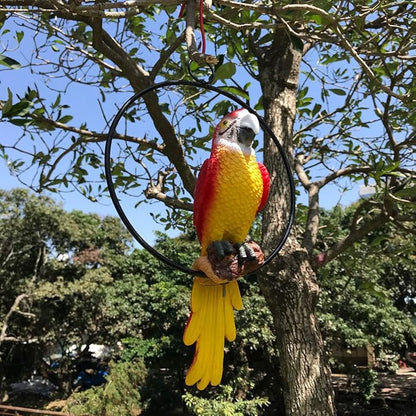 Hanging Parrot Statue Sculpture On Metal Round Ring Decor for Patio Garden Lawn and Nature Lovers Tropical Bird Collectors by Gifts, 10 inches Long Yellow