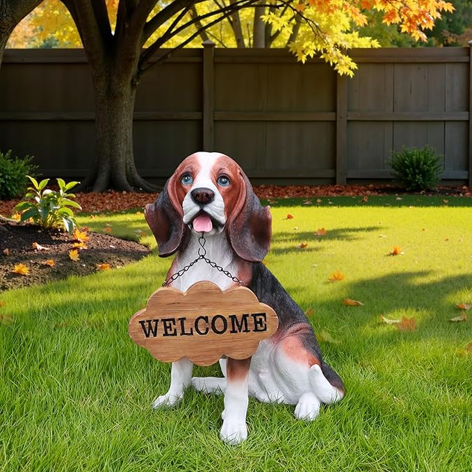 Tricolor Beagle Country-Garden Accent with Solar Lantern and Reversible Sign, Sitting Beagle Statue for Gateways, Flower Borders & Courtyard