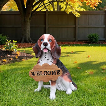 Tricolor Beagle Country-Garden Accent with Solar Lantern and Reversible Sign, Sitting Beagle Statue for Gateways, Flower Borders & Courtyard