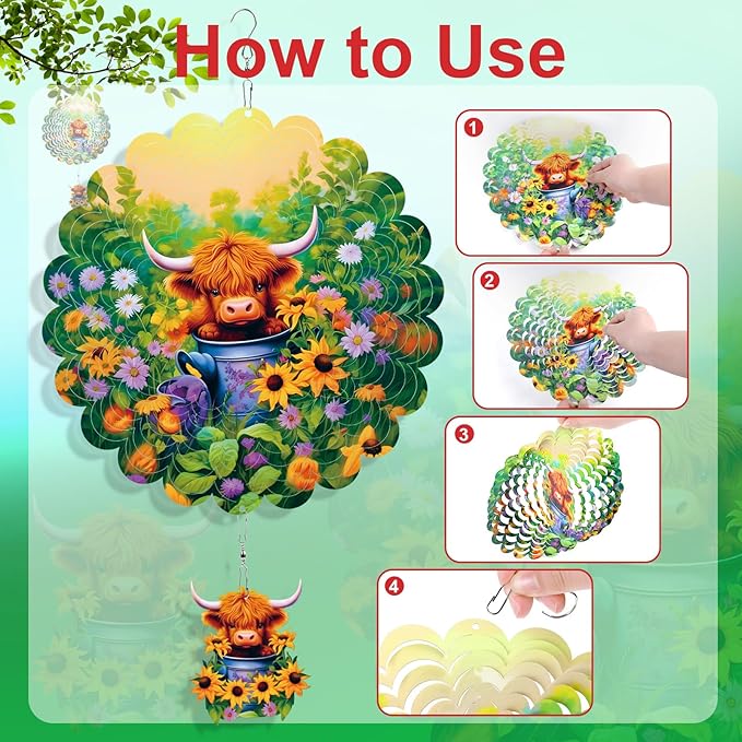Rngmsi Highland Cow Wind Spinner, 12 Inches Stainless Baby Cow Hanging Garden Decor for Outside Outdoor, 3D Highland Cow Art Gifts for Women Men