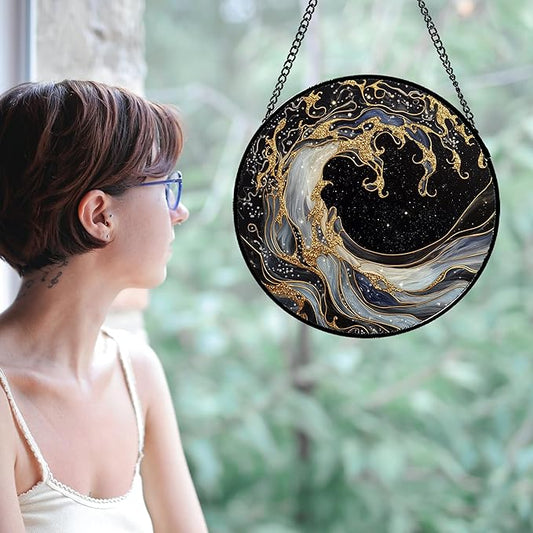 CHATYOUNG Stained Glass Window Hanging Black and Gold Abstract Ocean Waves Large 11.8" - Suncatcher Door Garden Sunroom Sun Catcher Decor Housewarming Christmas Birthday for Mom Grandma Home Owner