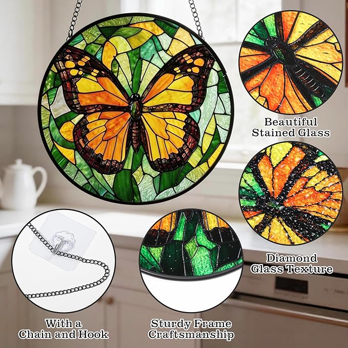Stained Glass Window Hanging - 4 Pack Sun Catcher Set Featuring Bee, Butterfly, Hummingbird & Mantis - Vibrant Home Decor Garden Decor - Suncatchers Gifts for Women, Mom & Nature Lovers, 6.3 Inch