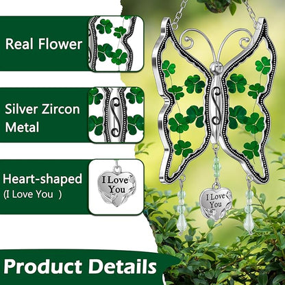 KY&BOSAM Shamrock Butterfly Suncatcher I Love You Irish Stained Glass for Windows Hangings Ornament for Wind Chiem Real Flower Wings Gift fo Women St Patrick's Day Mothers Day Valentine's Home Decor