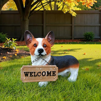 Red & White Corgi Pathway Greeter with Solar Lantern & Reversible Sign, Standing Corgi Statue for Doorway, Patio Rail, Balcony & Yard