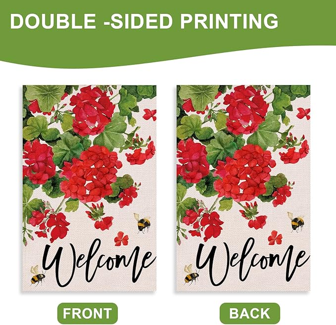 Welcome Spring Geranium Decorative Garden Flag, Red Floral Flowers Bee Yard Outside Decorations, Summer Farmhouse Outdoor Small Home Decor Double Sided 12 x 18