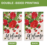 Welcome Spring Geranium Decorative Garden Flag, Red Floral Flowers Bee Yard Outside Decorations, Summer Farmhouse Outdoor Small Home Decor Double Sided 12 x 18