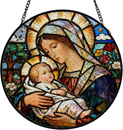Christian Virgin Mary Baby Jesus Stained Glass Window Hanging, Religious Jesus Suncatcher Indoor Window Glass Round Wall Art Decor, 7.9x7.9 Inch