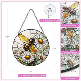 Stained Glass Window Hanging, Bee Circular Painted Glass Suncatcher with Chain & Suction Cup for Home Garden Door Decor, Birthday for Women Men Mom 7.8 in