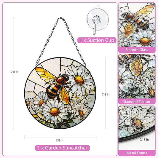 Stained Glass Window Hanging, Bee Circular Painted Glass Suncatcher with Chain & Suction Cup for Home Garden Door Decor, Birthday for Women Men Mom 7.8 in
