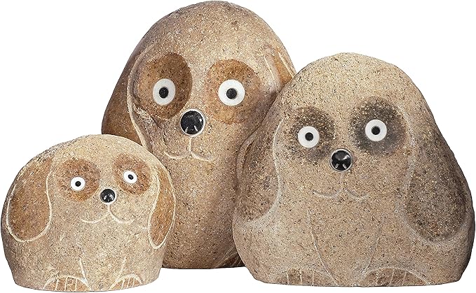 Boulder Dog Family – Set of 3 Hand-Carved Granite Garden Statues – Natural Stone Animal Décor – 4", 6", and 8", Eco-Friendly Outdoor Gift