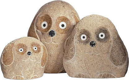 Boulder Dog Family – Set of 3 Hand-Carved Granite Garden Statues – Natural Stone Animal Décor – 4", 6", and 8", Eco-Friendly Outdoor Gift