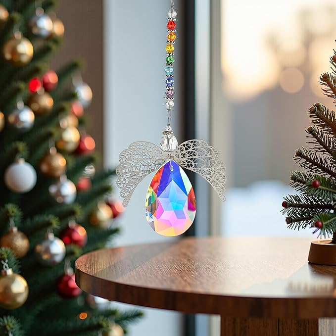 HDCRYSTALGIFTS 14'' Haning Crystal Guardian Angel Suncatcher Glass Angel Ornaments for Christmas Tree Rainbow Maker Prisms Sun Catcher for Window Home Decor (AB Color)
