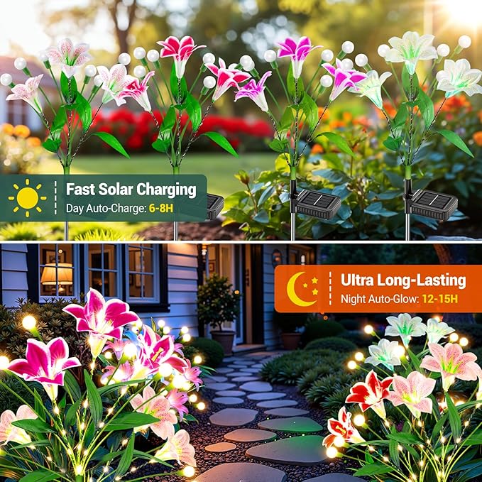WdtPro Upgraded Solar Garden Lights Outdoor: 8 Pack 2-in-1 Solar Firefly Swaying Light with Lily Flower and Glowing Stem, Waterproof Garden Decor for Yard Patio Pathway Lawn, Gardening Gifts for Women