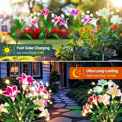 WdtPro Upgraded Solar Garden Lights Outdoor: 8 Pack 2-in-1 Solar Firefly Swaying Light with Lily Flower and Glowing Stem, Waterproof Garden Decor for Yard Patio Pathway Lawn, Gardening Gifts for Women