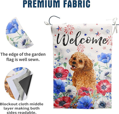 4th of July Golden Doodle Garden Flag Red White Blue Floral Dog Yard Flags Small Memorial Independence Day Banner 12x18 Double Sided for Outside Outdoor Patriotic Decor