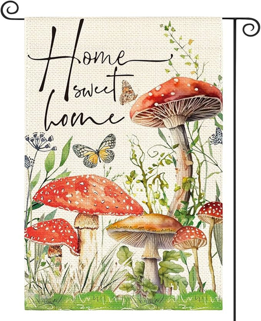 AVOIN colorlife Home Sweet Home Spring Mushrooms Garden Flag 12 x 18 Inch Double Sided, Seasonal Flowers Welcome Yard Outdoor Flag