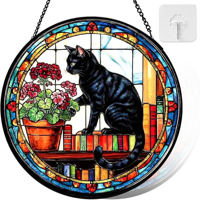 Stained Glass Window Hanging, Black Cat Themed Stained Glass Suncatcher, Window Decor, Black Cat Design Decorative Gift for Women, Couples, Best Friend, Family, Colleague, Classmate 7.8 Inch