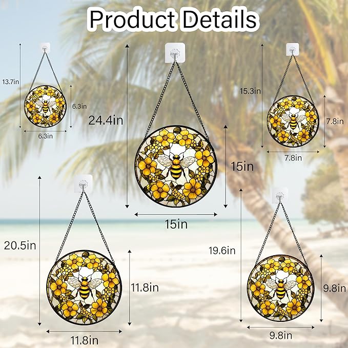 Stained Glass Window Hanging - Yellow Flowers Surrounded by Bees Sun Catcher for Door Garden Home Decor Cute Suncatcher Christmas Mother's Day Birthday Gifts for Women Men Mom Nana 9.8 in