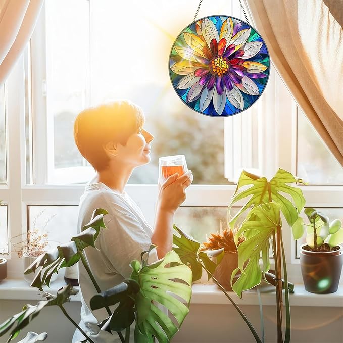 Bimkole Flower Stained Glass Suncatcher Window Hanging - Petals Indoor Window or Doorway Decoration - Handmade Sun Catcher Decor for Garden Home Christmas & Birthday Gifts 7.87x7.87 inch