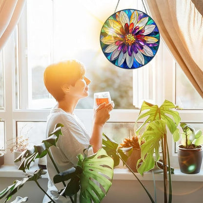 Bimkole Flower Stained Glass Suncatcher Window Hanging - Petals Indoor Window or Doorway Decoration - Handmade Sun Catcher Decor for Garden Home Christmas & Birthday Gifts 7.87x7.87 inch