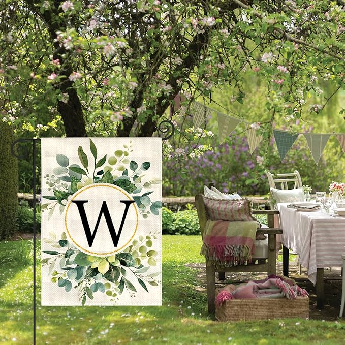 AVOIN colorlife Monogram Letter W Floral Garden Flag 12x18 Inch Double Sided Outside, Family Last Name Initial Yard Outdoor Decoration