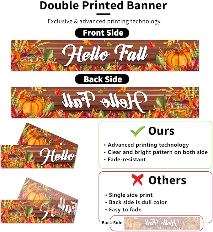 Probsin Happy Fall Banner 120"x 20" Decorations Outdoor Thanksgiving Decor Autumn Party Supplies Wooden Hello Fall Pumpkin Mushroom Harvest Welcome Hanging Backdrop for Garden Fence Yard Lawn Porch