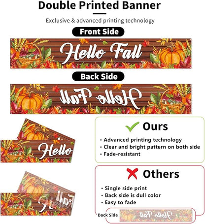 Probsin Happy Fall Banner 120"x 20" Decorations Outdoor Thanksgiving Decor Autumn Party Supplies Wooden Hello Fall Pumpkin Mushroom Harvest Welcome Hanging Backdrop for Garden Fence Yard Lawn Porch