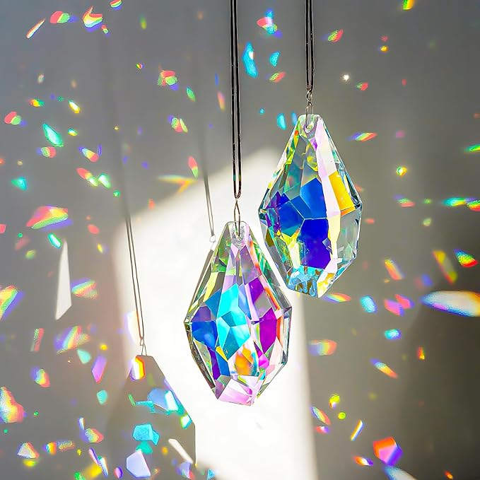 H&D HYALINE & DORA Set of 2 Crystal Sun Catcher Prisms 3.5" AB Colored Hanging Crystals for Window Rainbow Maker Prisms for Home Garden Decor