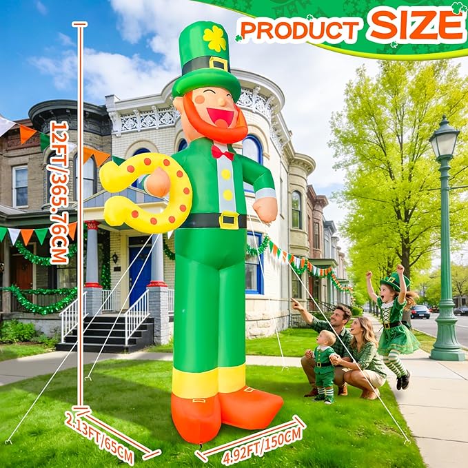 12Ft Giant St Patricks Day Inflatable Leprechaun with Horseshoes St Patricks Blow Up Inflatable Yard Decorations St Patricks Day Blow Up for Outdoor Garden Lawn Party(with Drawstring Bag)