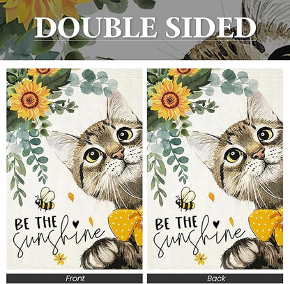 Summer Cat House Flags for Outdoor,Be The Sunshine Cat with Sunflowers Yard Flags for Outside,Spring Seasonal Decorative Flag for Farmhouse Holiday Decoration 28x40 Inch Double Sided
