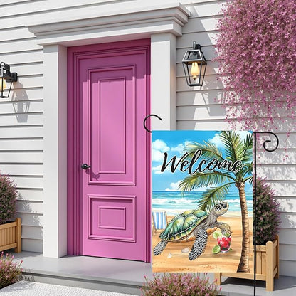 Welcome Garden Flag Sea Turtle Beach Scene Yard Flag Tropical Coastal Summer Double Sided Polyester Ocean Palm Tree Yard Flags for Lawn Porch Patio Nautical Seaside Outdoor Decor 12x18 Inch