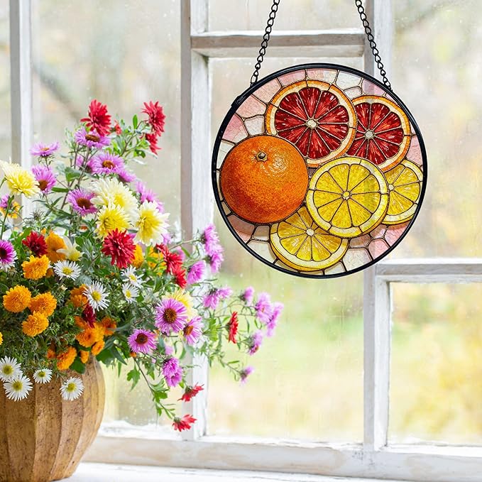 Orange Lemon Suncatchers Stained Glass Window Hanging, Lemon Kitchen Decor, Orange Gifts for Women, Summer Fruit Sun Catchers Indoor Window Glass Round Wall Decor, 7.9x7.9in