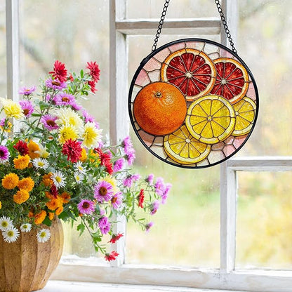 Orange Lemon Suncatchers Stained Glass Window Hanging, Lemon Kitchen Decor, Orange Gifts for Women, Summer Fruit Sun Catchers Indoor Window Glass Round Wall Decor, 7.9x7.9in