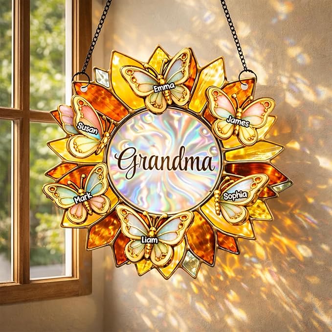 Personalized Grandma Stained Glass Suncatcher, Custom Butterfly Sunflower Window Hanging with Kids Names, Decorative Hanging Ornament for Window Home Decor, Gift for Mother’s Day
