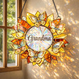 Personalized Grandma Stained Glass Suncatcher, Custom Butterfly Sunflower Window Hanging with Kids Names, Decorative Hanging Ornament for Window Home Decor, Gift for Mother’s Day