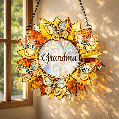 Personalized Grandma Stained Glass Suncatcher, Custom Butterfly Sunflower Window Hanging with Kids Names, Decorative Hanging Ornament for Window Home Decor, Gift for Mother’s Day