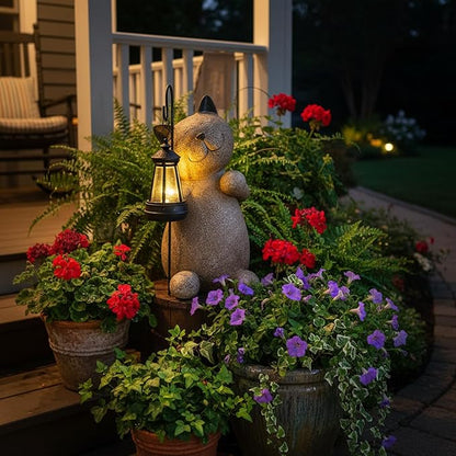 Braxio Solar Cat Garden Statue Decor - Standing Kitten Holding Lantern Weatherproof Resin Sculpture for Patio Yard Lawn Pathway Garden Gifts for Mom Grandma 9 x 5.5 x 11.6 Inch
