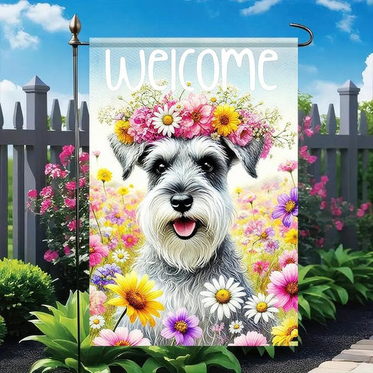 BlissYard Welcome Spring Summer Garden Flag 12 X18 Inch Double Sided FlowersDog Schnauzer Decorative Garden Flag Puppy Floral Seasonal Home Decor Banner for Oursid Outdoor Spring Garden Decor