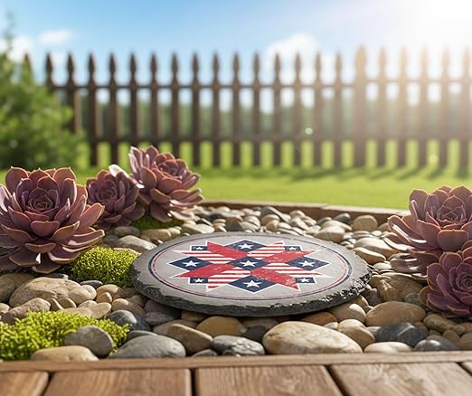 Magnolia Garden 10-Inch Patriotic American Barn Star Decorative Stepping Stone – Rustic Quilt Pattern Resin Garden Tile – Red White and Blue Outdoor Accent