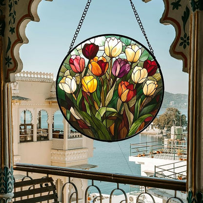 Stained Glass Window Hanging Colorful Tulip Large 11.8" - Flower Suncatcher Door Garden Sun Catcher Home Plant Decor Birthday Mother's Day for Mom Woman Friend Nana Colleague