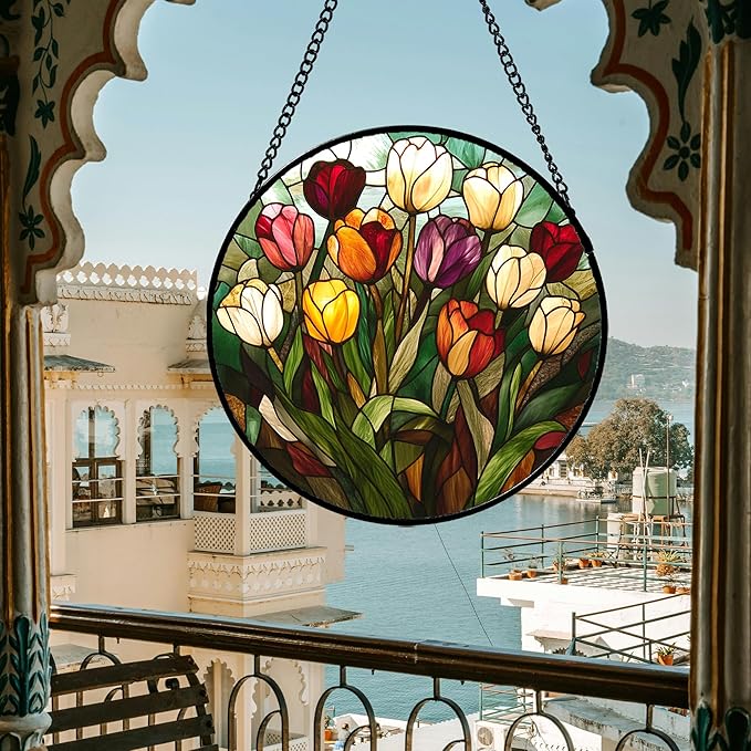 Stained Glass Window Hanging Colorful Tulip 9.8" - Flower Suncatcher Door Garden Sun Catcher Home Plant Decor Birthday Mother's Day for Mom Woman Friend Nana Colleague