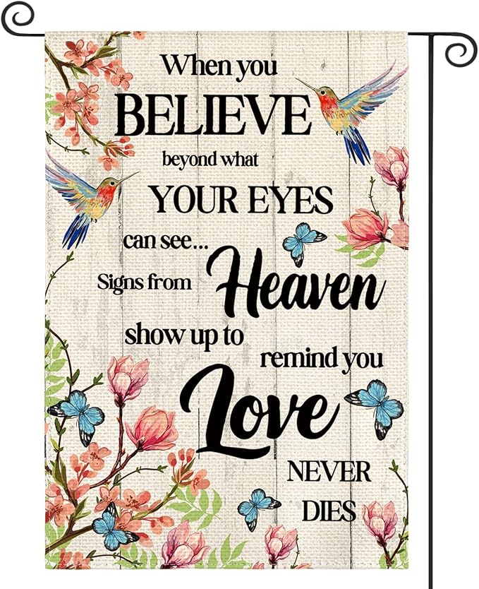 AVOIN colorlife Hummingbird Memorial Garden Flag 12x18 Inch Double Sided Outside, Love Never Dies Memorial Day Gravesite Saying Spring Yard Outdoor Decoration