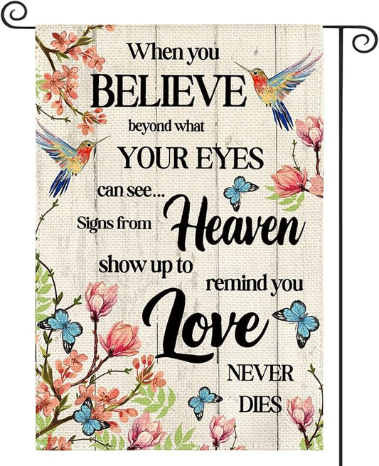 AVOIN colorlife Hummingbird Memorial Garden Flag 12x18 Inch Double Sided Outside, Love Never Dies Memorial Day Gravesite Saying Spring Yard Outdoor Decoration
