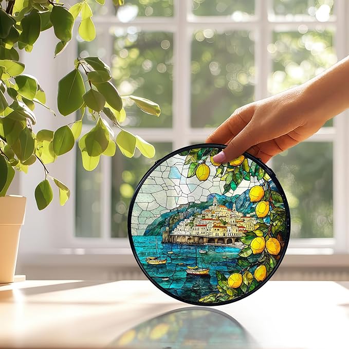 Italian Lemon Amalfi Coast Suncatchers Stained Glass Window Hanging, Summer Beach Lemon Sun Catchers Indoor Window Glass Round Wall Decor, Mediterranean Wall Hanging Decorations, 7.9x7.9in