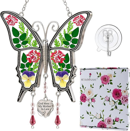 KY&BOSAM Butterfly Suncatcher Mother-in-Law Stained Glass for Window Hanging Wind Chime with Pressed Flower Wings Embedded in Glass with Metal Heart Charm Gift for Mother Day Valentine`s Day Birthday