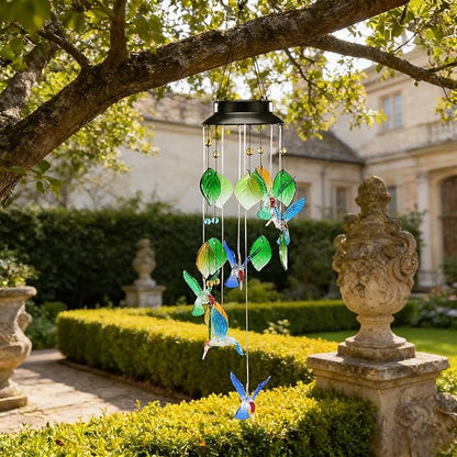 Colorful Hummingbird Wind Chimes with Solar-Powered Flashing Lights, 13 Inch Colorful Shell Hanging Decor for Outdoor Garden Patio Yard Home Indoor Outdoor Wall Window Decor