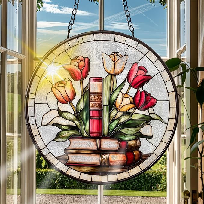 VAIIEYO Book Sun Catcher Stained Glass Window Hanging Ornament, Handmade Sun Catcher Rose Decoration with Hooks for Window Garden Home, Christmas & Birthday Housewarming 7.8 inch