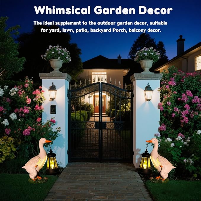 VEEKI Garden Statue Outdoor, Cute Goose Statue Figurine Lights with Solar Lantern Outdoor Waterproof, Resin Outdoor Decor Sculpture for Yard Porch Patio Lawn, Unique Gifts for Mom Grandma Women
