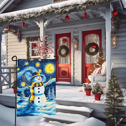 Winter Garden Flag Santa Snowman Yard Flags Van Gogh Yard Flags Art Starry Night Sky Moon Wall Banner Xmas Blue Pine Snowfield House Banners for Happy Holiday Farmhouse Outdoor 12 x 18 Inch
